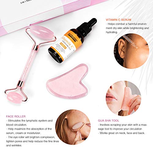 NEUTRIHERBS Jade Gua Sha & Face Roller & Vitamin C Serum Facial Tool Set(3 in 1 Kit), Home Face Massager for Wrinkle,Fine Line,Puffiness,Firm Smooth Relax Skin -- Pink - color: Pink