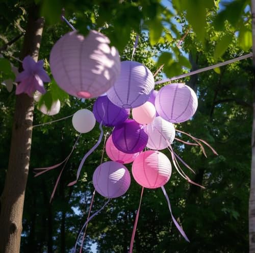 Purple Pink Paper Lanterns Decorative 15pcs Party Hanging Decorations for Bachelorette Wedding Birthday Baby Shower Graduation Anniversary Lavender Themed Room Decor - color: Purple,fuchsia,lavender,pink,light Pink