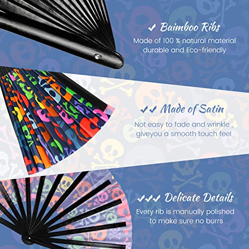 SYNTECSO Folding Hand Fan for Rave, UV Glow Clack Fan - color: Skulls