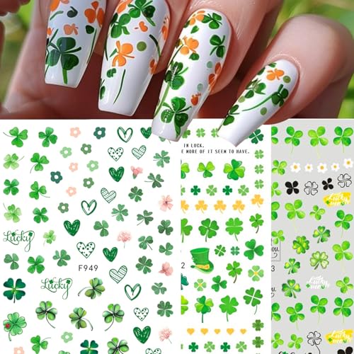 11 PCS St. Patrick's Day Nail Art Stickers 3D Self-Adhesive Green Shamrock Nail Decals Green Leaf Shape Clover Sticker DIY Spring Holographic Designs Manicure Decoration Nail Supplies for Women - style: Green Leaves