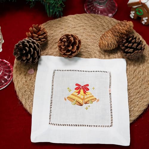 100% Linen Cocktail Napkins Set of 6 | Embroidered Christmas Bells 6"x6" Fabric Coaster for Kitchen Coffee Bar Xmas Party Events Reusable Ladder Hemstitch Jingle Bells Cloth Napkins Square - color: Jingle Bells