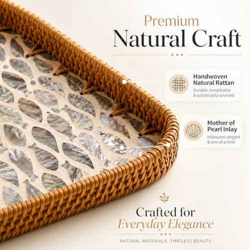 Handwoven Rattan Tray Set of 3 with Mother of Pearl Black Fish Inlay - color: Black Fish