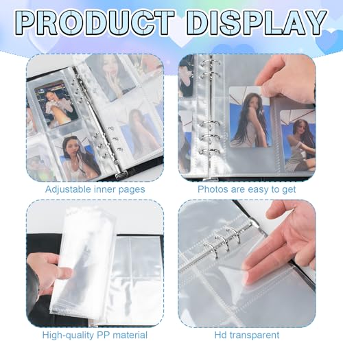 Kpop Photocard Binder, PU Leather A5 Photocard Holder with 200 Pocket, K-Pop Korean Pop Photocard Holder Binder Book, 4 Photo Style Photo Card Album Trading Cards Organizer(Black) - color: Black