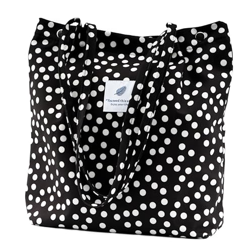 Corduroy Tote Bag Cute Tote Bags for Women Shoulder Bag with Inner Pocket for Work Beach Travel and Shopping Grocery - style: Black and White Dots