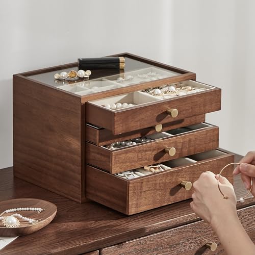 Black Walnut Wooden Women Jewelry Box with Glass Lid, 4 Layer - style: 4 Layer A