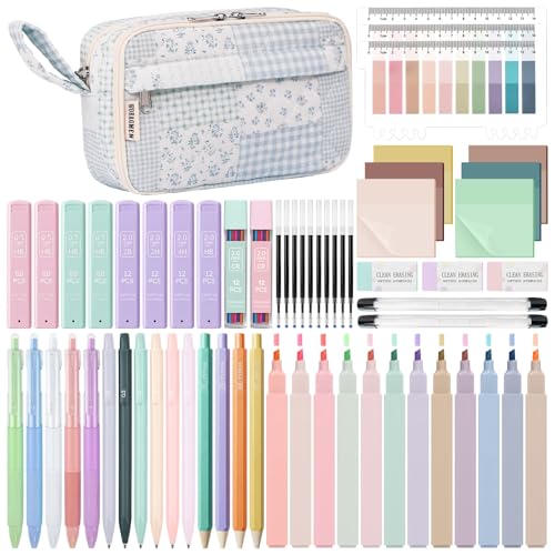 WOBAGMEN 62PCS Aesthetic School Supplies with Quilted Pencil Case, Pastel Highlighters, Gel Pens Mechanical Pencils Set, Cute Back to School Supplies, College Essentials (Green Blue Patchwork, M) - color: Green Blue Patchwork
