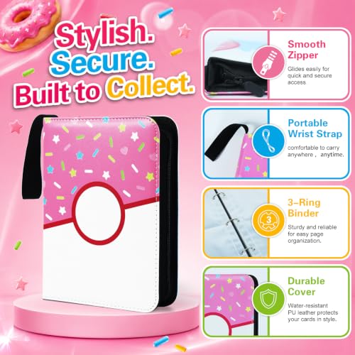 4 Pocket Card Binder 400 Card Holder Album, Pink Donut Trading Cards Holder Zipper Binder for Girl Teen Collection (Pink Donut, 400 Pocket) - color: Pink Donut, size: 400 Pocket