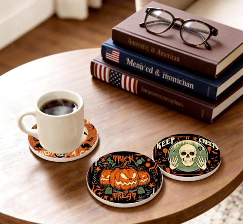 Nikyi 6 Pcs Halloween Vintage Pumpkin Ceramic Coasters, Round Absorbent Drink Coaster with Metal Holder and Cork Base, Ghost Skull Scary Cat Coaster for Coffee Table Kitchen Office Home Decor Gifts - color: Halloween Vintage Pumpkin Scary Cat