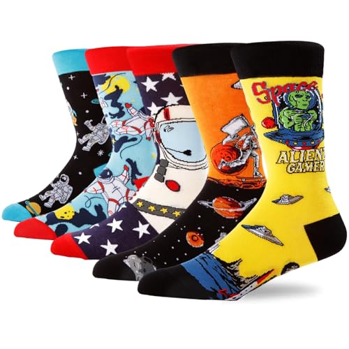 Colorful Funny Novelty Dress Socks for Men Women Teens Fathers Day Casual Fun Crazy Funky Graphic Crew Socks - color: 5 Pairs - Funny Alien Gamer Space Planet Astronaut Ufo Themed Socks, size: 6-12