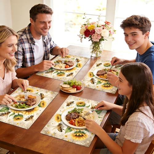 Peacoblue Placemats Set of 4,Faux Leather Sunflower and Bee Design - style: Sunflower and Bee