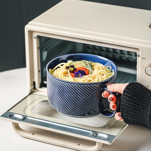 Ceramic Soup Bowl with Handle, 38 oz Microwave Safe, Navy - color: Navy