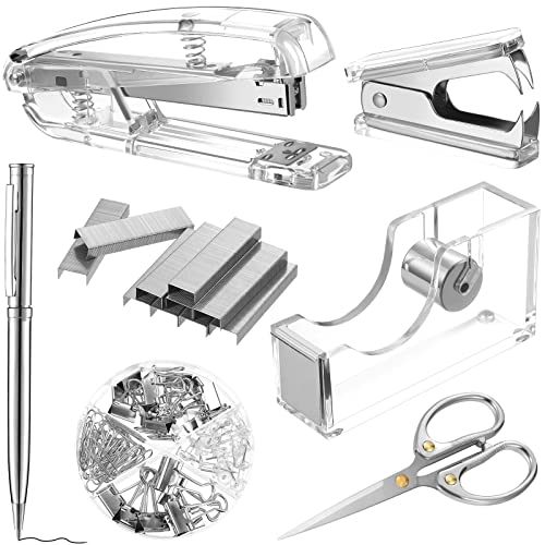 Silver Office Supplies Set Desk Accessory Kit, Acrylic Stapler Set - color: Silver