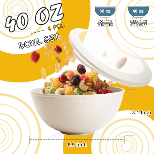 Wheat Straw Bowls Set with Lids, Unbreakable 40 OZ Large Cereal Bowls Set of 4, Salad Container for Lunch, Microwave & Dishwasher Safe Bowl Set for Kitchen, Picnic, RV, Camping, Beige - color: Beige, size: 40 OZ with Lid