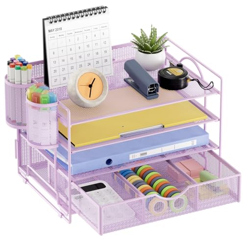 Marbrasse Desk Organizer, 4-Tier Paper File Letter Tray, Purple - color: Purple with Pen Holder