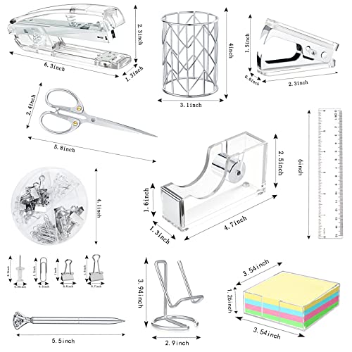 Office Desk Accessories, Acrylic Stapler, Staple Remover, Tape Holder, Pen Holder, Ballpoint Pen, Scissor, Binder Clips, 1000pcs Staples, Phone Holder, Ruler, Transparent Glue and 300 Notes - color: Silver