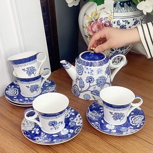 Bone China Tea Set for Adults, 13-Piece Blue and White Porcelain Tea Set for 4, Vintage Floral Tea Set With Teapot and Teaspoons, Tea Party Sets for Women Gift (Blue B) - color: Blue B