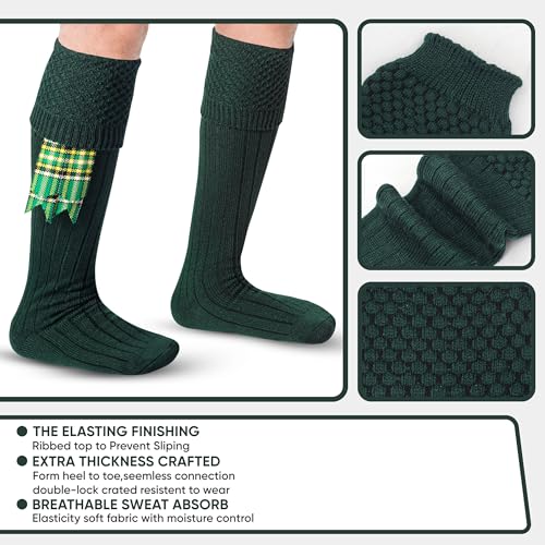 DSS KILTS-Kilt Hose, Tradional Scottish Kilt Scocks Wool Blend, Bubbled Design Kilt Socks for USA Shoe Sizes - color: Green, size: Large