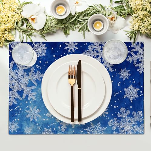 Winter Blue Snowflake Placemats Set of 4 Merry Christmas Snowflakes Linen Fabric Table Mats Seasonal Xmas Holiday Washable Place Mats for Party Kitchen Dining Outdoor Indoor Decor - color: Blue Snowflake-b