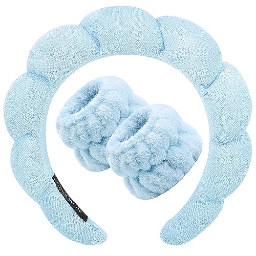 Zkptops Spa Headband for Washing Face Wristband Set Sponge Makeup Skincare Headband Terry Cloth Bubble Soft Get Ready Hairband for Women Girl Puffy Padded Headwear Non Slip Thick Hair Accessory(Blue) - color: Blue