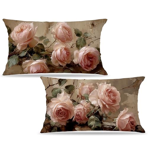 Vintage Pink Rose Floral Small Decorative Lumbar 12x20 Pillow Covers Decor,Pink Flower Rustic Cottagecore Decorative Throw Pillow Cover for Home Bedroom Room Decor Double-Sided Set of 2 - color: A-rose-6, size: 20" x 12" (Pack of 1)