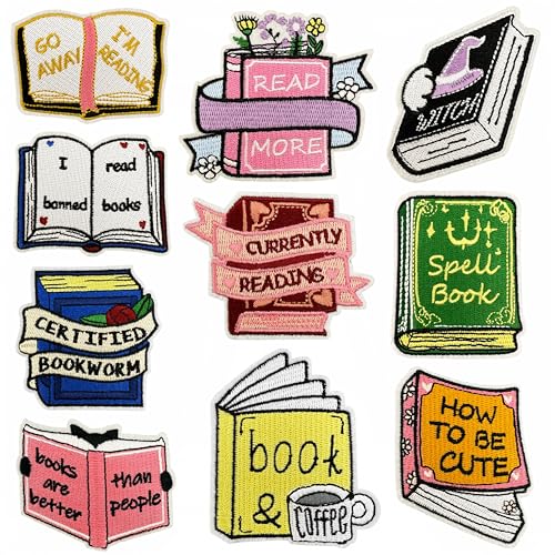 10 Pcs Cartoon Book Iron On/Sew On Patches, Reading Embroidered Applique, Clothes Backpacks Hats Pants Jackets Jeans Decoration, Bachelorette Party Favors, DIY Accessories - color: 10 Book