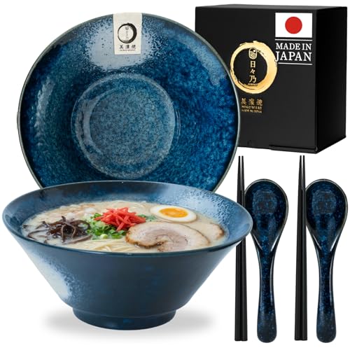 HIBINO Japanese Ramen Bowl Set of 2 | 44 oz Ceramic Ramen Bowls with Chopsticks & Spoons | Made in Japan Mino Ware | Microwave Safe Noodle & Soup Bowls | 6-Piece Dinnerware Set |「Kasumi Indigo」