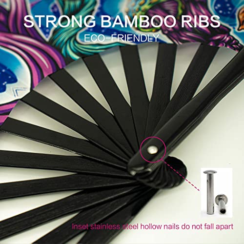 13" Large Rave Fan Bamboo, Folding Clack Hand Fans Foldable for Men Women, Poping Fan for EDM Festival Line Dance Decoration, (Magic Mushroom2, Large 13") - color: Magic Mushroom2, size: Large 13"