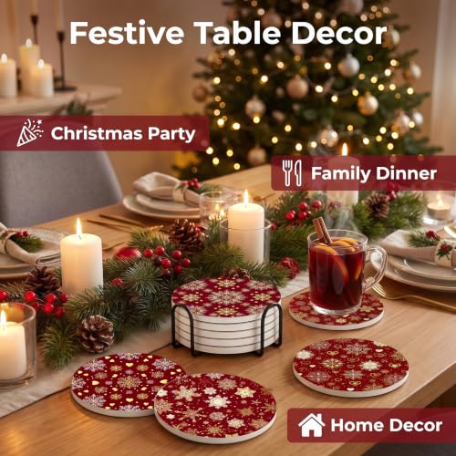 Nikyi 6 Pcs Christmas Red with Gold Snowflakes Heart Ceramic Absorbent Coasters, Round Drink Coaster with Metal Holder and Cork Base, for Coffee Cup Kitchen Home Table Office Desk Gift Home Decor - color: Christmas Red With Gold Snowflakes Heart