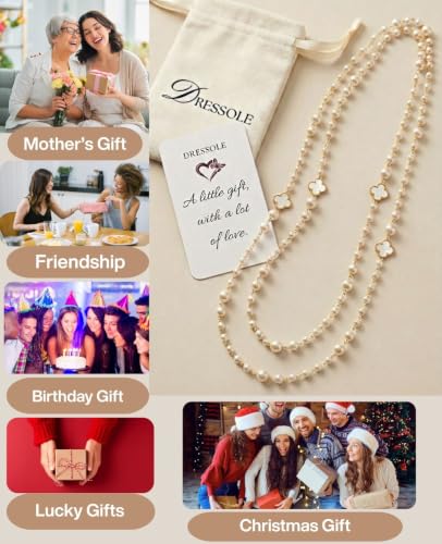 Long Pearl Necklace for Women Layered Lucky Clover Jewelry Gift - color: White Clover