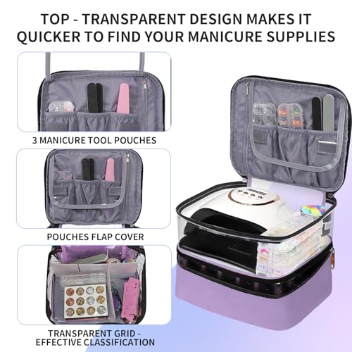 Clear Nail Polish Organizer Double layer Nail Polish Holds 30 Bottles and Nail Lamp, Nail Dryer Case Storage Supplies with Adjustable Dividers, Portable Nail Carrying Bag for Nail Tech (Purple) - color: 6.Purple
