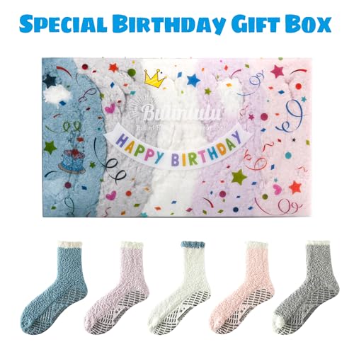 Bulinlulu Fuzzy Socks With Grips for Women, 5 Pairs Non Slip Sleep Warm Fluffy Slipper Socks Gifts for Women - color: Birthday-blue/Grey/Purple/Pink/White