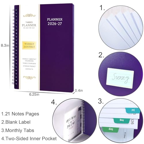 Planner 2026-2027 - July 2026 - June 2027, 2026-2027 Planner Weekly and Monthly, Academic Planner, Calendar Planner with Colorful Tabs, 6.25" × 8.3", Strong Twin-Wire Binding, Back Pocket, Holidays - color: Purple