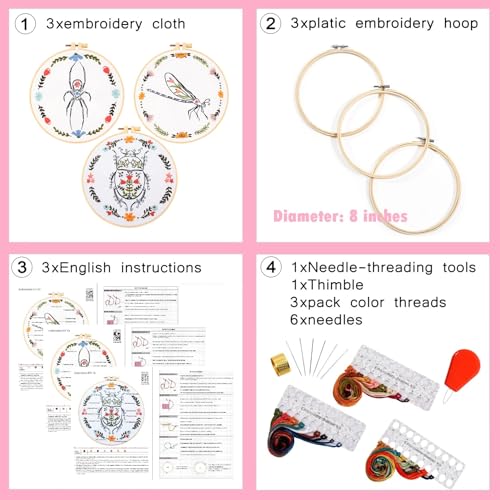 Armindou Hand Embroidery Kits for Beginners Adults, Insect Flowers Embroidery Set Needlepoint Kits, Spider Stamped Cross Stitch Kits for Beginners Adults, 3 Embroidery Hoops (Attached Video Tutorial) - color: Colorful