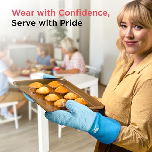 Kitchen Mama UltraShield Silicone Oven Mitts, Blue - color: Blue