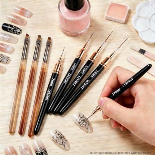 8Pcs Nail Art Brushes Set, 5 Art Liners & 3 Multi Shape Gel Builder Brushes - color: Black