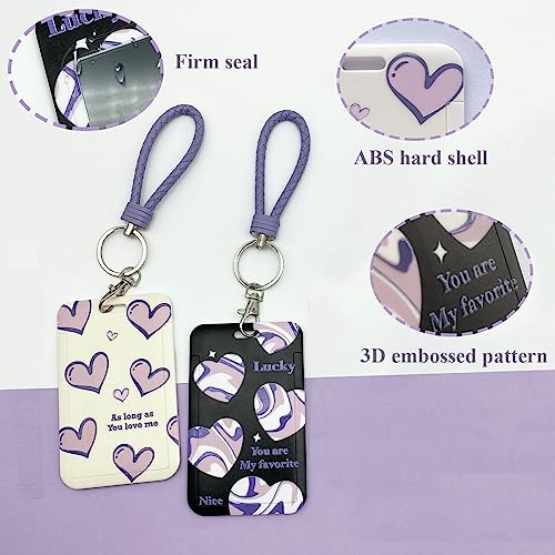 2 Pcs Kpop Photocard Holder Heart Style PC Holder ID Badge Holder with Keychain Hard Shell Protective Photo Sleeves (Black and White)