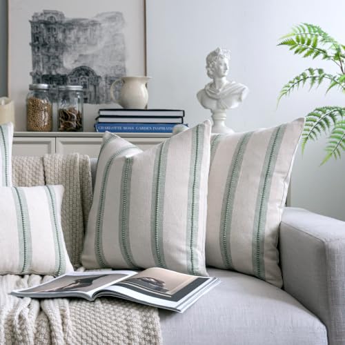 Cethom Boho Throw Pillow Covers 22x22 Set of 2, Sage Green Striped Decorative Pillow Cases for Couch Chair Bed, Textured Farmhouse Modern Accent Cushion Covers for Living Room Bedroom Sofa Home Decor - color: Sage Green, size: 22" x 22" (Pack of 2)