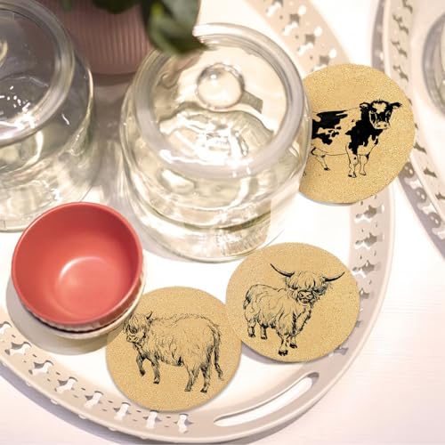 Hand Drawn Cow Coasters with Holder Set of 6,Farm Illustration Absorbent Cork Coaster for Cup Desk Office Table Kitchen Decor House Warming Gifts for New Home Couples, Round 4" - color: Cow