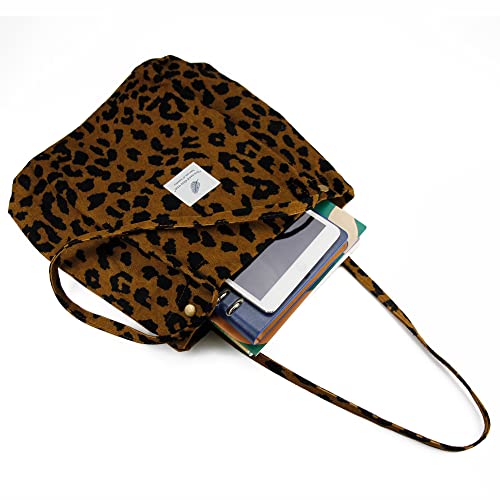Corduroy Tote Bag Cute Tote Bags for Women Shoulder Bag with Inner Pocket for Work Beach Travel and Shopping Grocery - style: Leopard