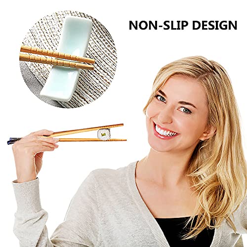 5-Pair Bamboo Chopsticks Set with 5 Ceramic Lucky Cat Rests, Gift Set