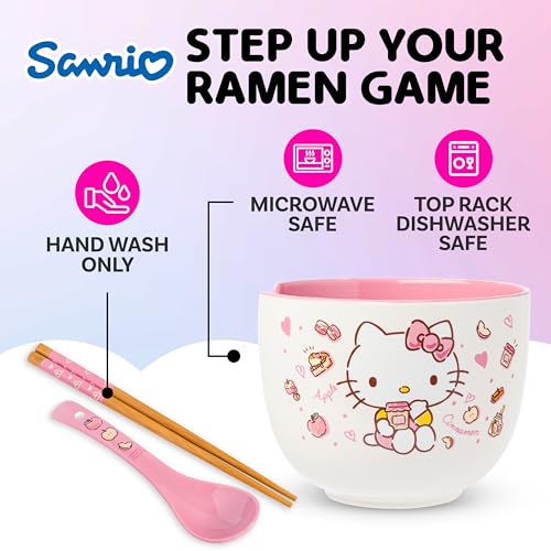 Silver Buffalo Sanrio Hello Kitty, Ceramic Ramen Bowl with Chopsticks, 20oz - color: Hello Kitty Apples and Cinnamon, size: 20 Ounces (With Spoon)