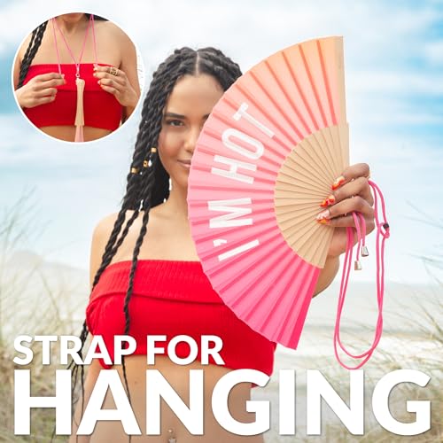 Fisura – Original Gradient Folding Fan with Message “I'm h*t”. Wooden Handheld Fan for Women with Hanger. Accessory for Weddings, Parties, Birthdays, Festivals and Creative Gift Ideas. - color: Hot, Pink Gradient