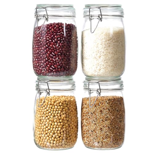 4 Pack 34oz Food Storage Jars with Airtight Lids, Preserving Seal Wire Clip Fastening Glass Containers, Canisters for Kitchen Organization, Flour, Cereal, Pasta, Sugar, Beans, Pickling Jars(34 Oz*4) - size: 34 Oz*4