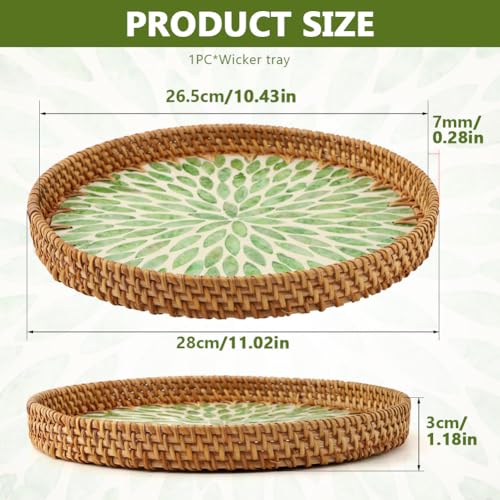 Handwoven Round Rattan Tray with Mother of Pearl Inlay, 11.02inch Round Decorative Serving Tray for Dining Table, Wall Decor & Gift(Size:Leaf)