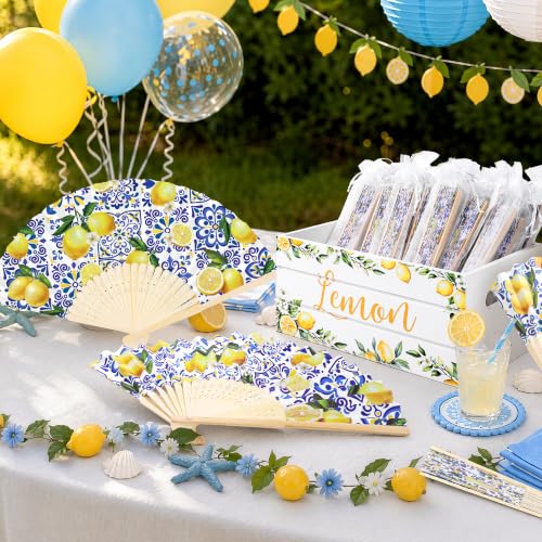Aodaer 50 Pack Coastal Lemon Printed Folding Hand Fans with Organza Bags Bulk Wooden Storage Box Retro Mediterranean Paper Fans Capri Handheld Fan for Bridal Shower Wedding Bridesmaid Gifts - style: Coastal Lemon