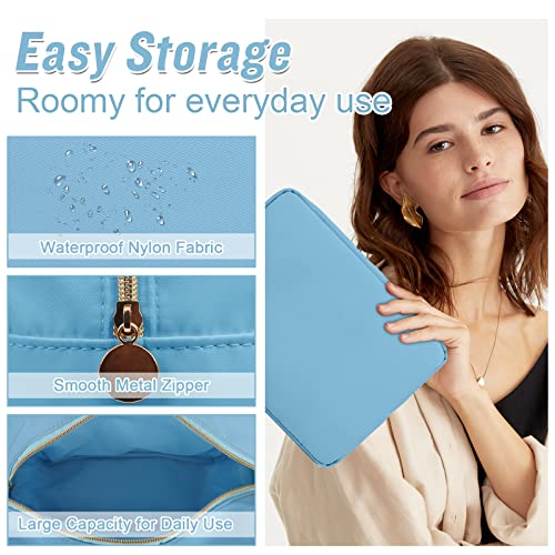 Nylon Large Makeup Bag Travel Cosmetic Bag Pouch, Preppy Big Makeup Bag Cute Cosmetic Zipper Pouch Purse, Waterproof Toiletry Bag Clutch Make Up Organizer Travel Essentials for Women Men Girls(Blue) - color: Blue, size: Large