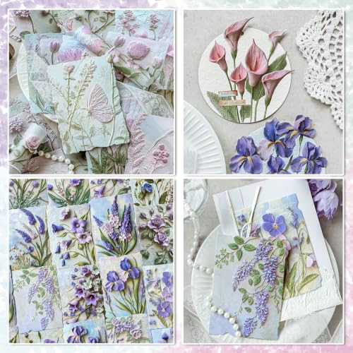 138Pcs Textured Scrapbook Kit, 6 Pack Embossed Vintage Plant Flower Craft Supplies, Multipurpose DIY for Junk Journal, Collage, Card Making & Art Background - color: Multicolor 15