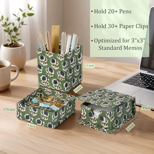 Ridhi Basil Green Block Print Office Desk Organizer Pen & Note Holder - color: Basil Green