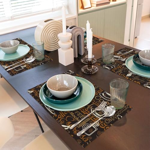 Brown Coffee Printing Rectangle Linen Table Placemet Set of 4 - color: Brown White, size: Set of 4