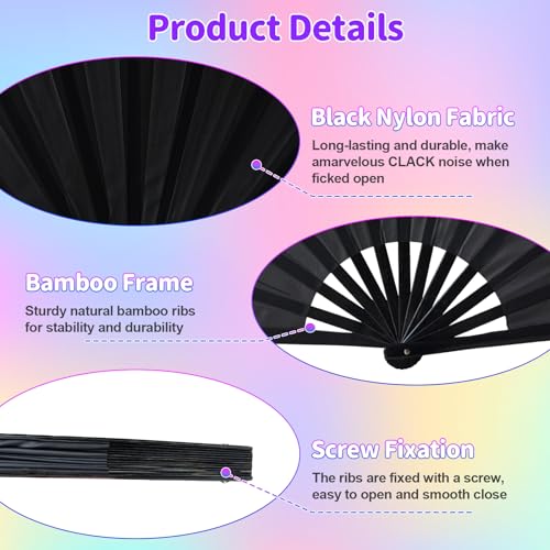 EOSAU Large Rave Fan, Folding Hand Fans for Line Dancing, Black - color: 13" Black 02